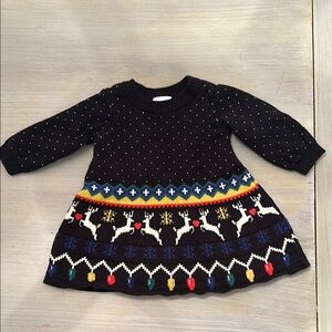 Hanna Andersson Black Knit Dress with Reindeer and Colorful Accents